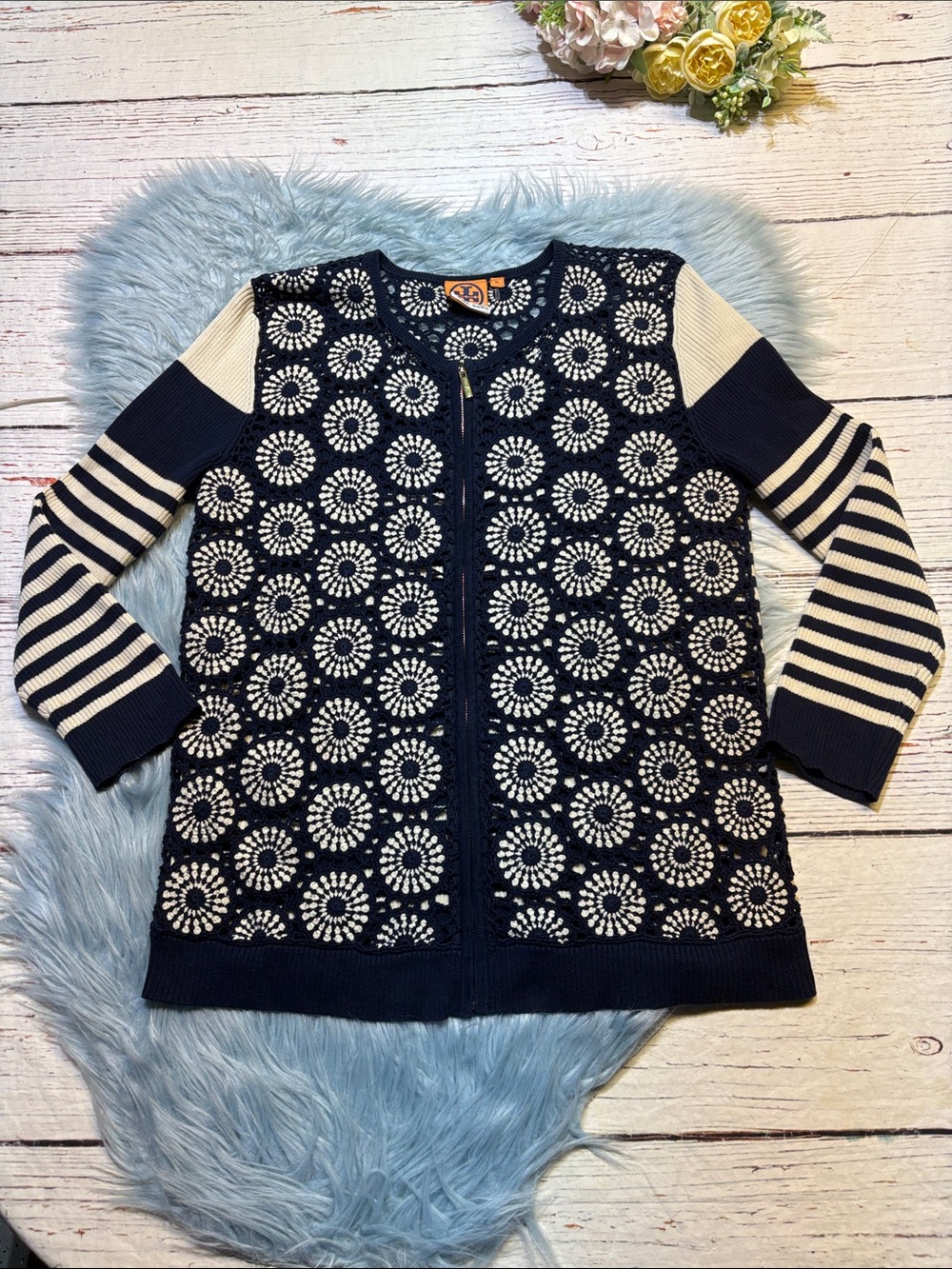 Tory Burch Navy and White Zip-Front Crochet Ribbed Cardigan sz XL